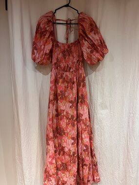 Smocked Puff-Sleeve Pink Floral Maxi Dress